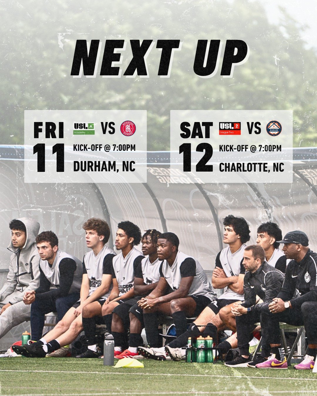 Next up for TRFC ⤵️

FRI 7/11 &mdash; 🚨 Our final home match of the season, don&rsquo;t miss it. 🚨
USL-Academy vs Richmond Kickers
📍 Durham | 🕖 7PM

SAT 7/12 &mdash; AWAY
USL2 @ Charlotte Eagles
📍 Charlotte | 🕖 7PM

One weekend, two big ones. L