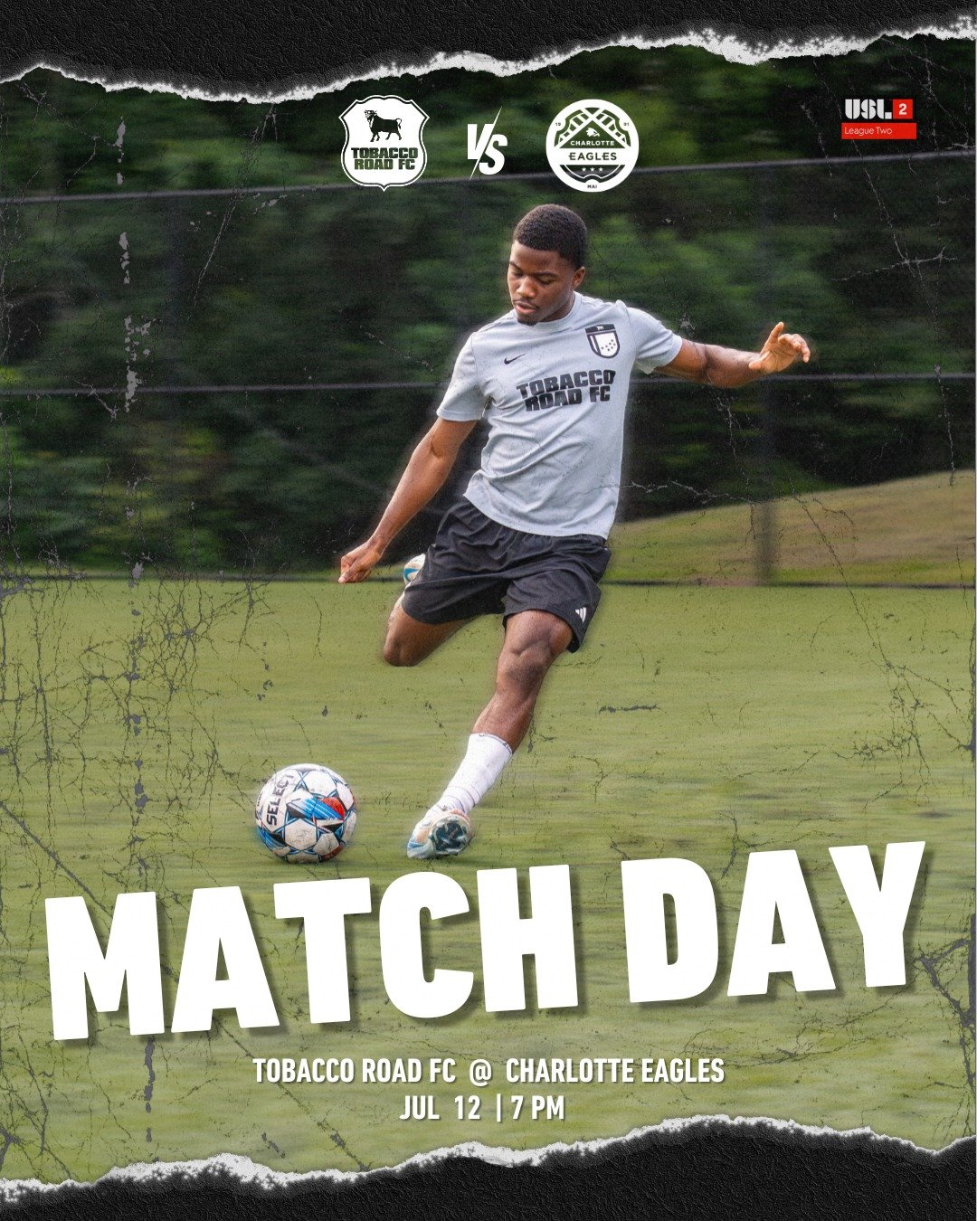 Match day on the road.

Our USL2 squad takes on Charlotte Eagles tonight &mdash; kickoff at 7PM.

📍 Charlotte, NC
🎥 Livestream link in bio

Let&rsquo;s handle business.

#TobaccoRoadFC #USL2 #Dedication