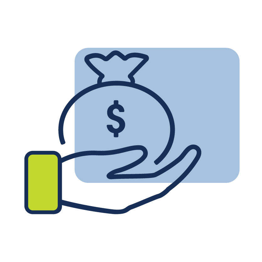 Illustration of a hand holding a money bag with a dollar symbol.
