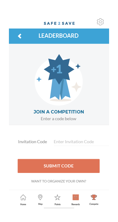Competition Screen for Safe 2 Save App