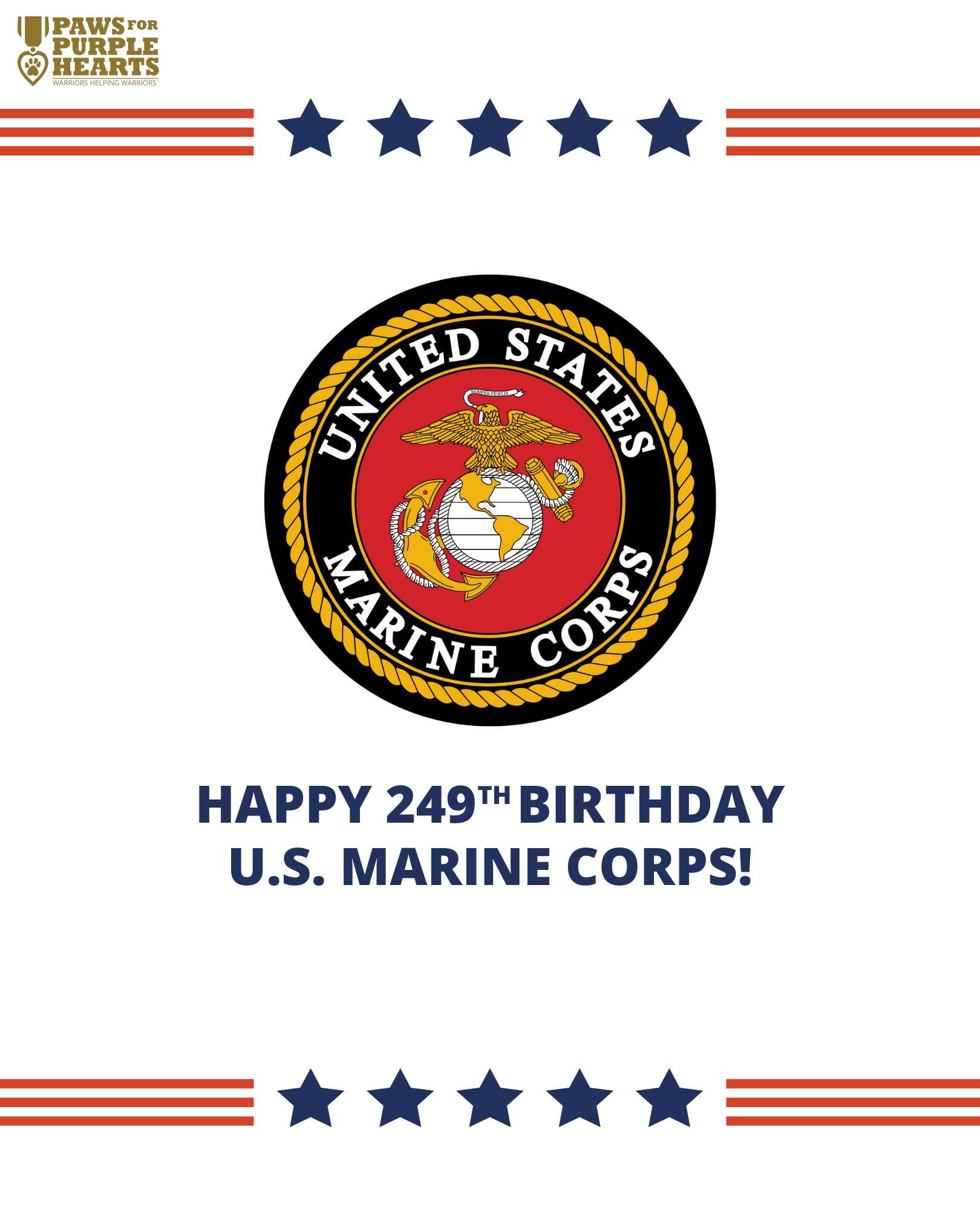 Happy 249th birthday to the United States Marine Corps! Thank you for everything that you do.

#usmc #happybirthday #usmarines #celebrate #usmarinecorps #pph #pawsforpurplehearts #nonprofit #servicedogsforveterans #activeduty  #servicedogs4vets #Unit